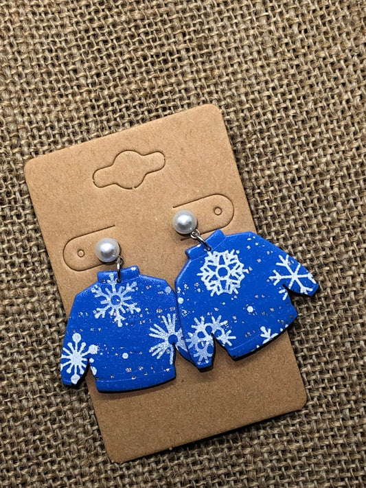 Snowy Snowflake Blue and Silver Christmas Sweater Pearl Dangle Earrings YOU CHOOSE