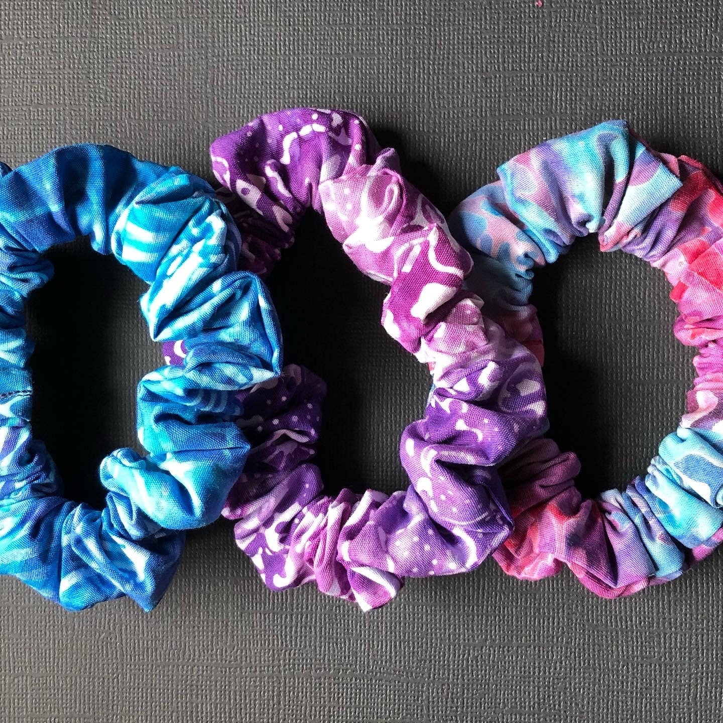 3pc Batik Patterned Handmade Hair Scrunchies Berry Violet Turquoise Blue