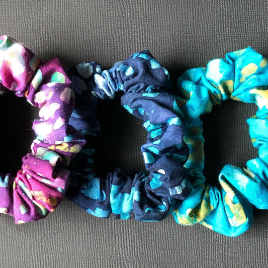 3pc Batik Patterned Handmade Hair Scrunchies Violet Blue Turquoise