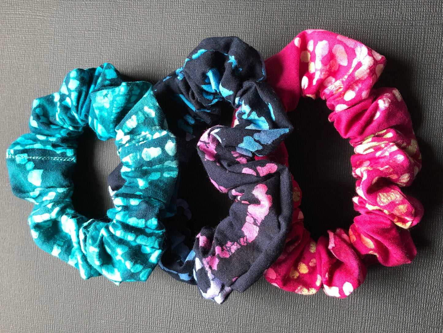 3pc Batik Patterned Handmade Hair Scrunchies Black Fuchsia Teal