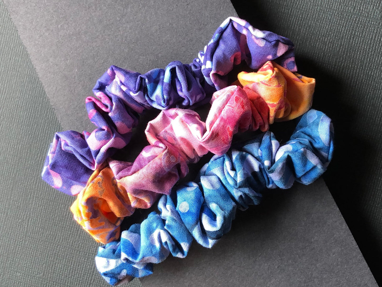 3pc Batik Patterned Handmade Hair Scrunchies Orange Berry Gold Violet Blue