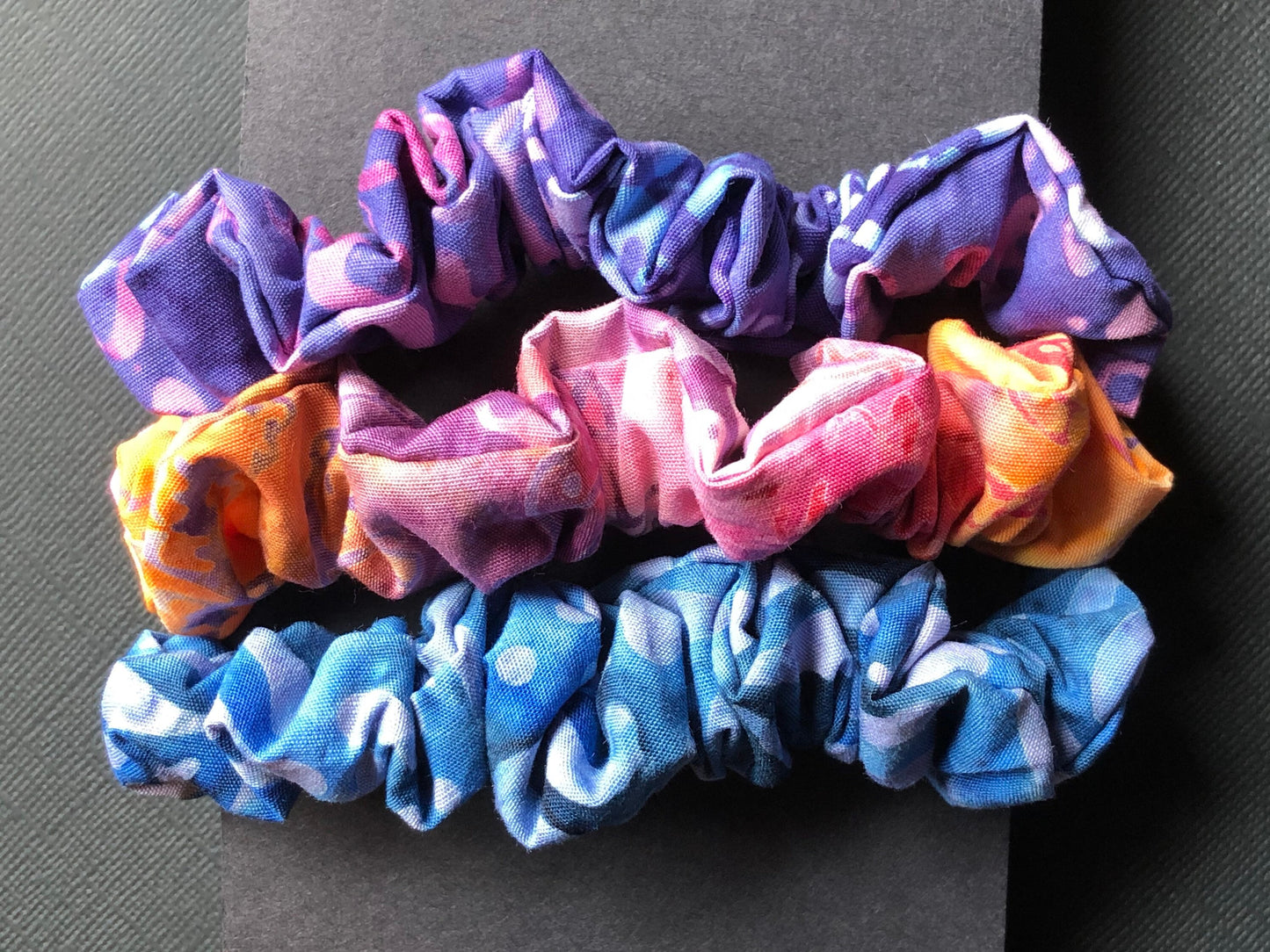 3pc Batik Patterned Handmade Hair Scrunchies Orange Berry Gold Violet Blue