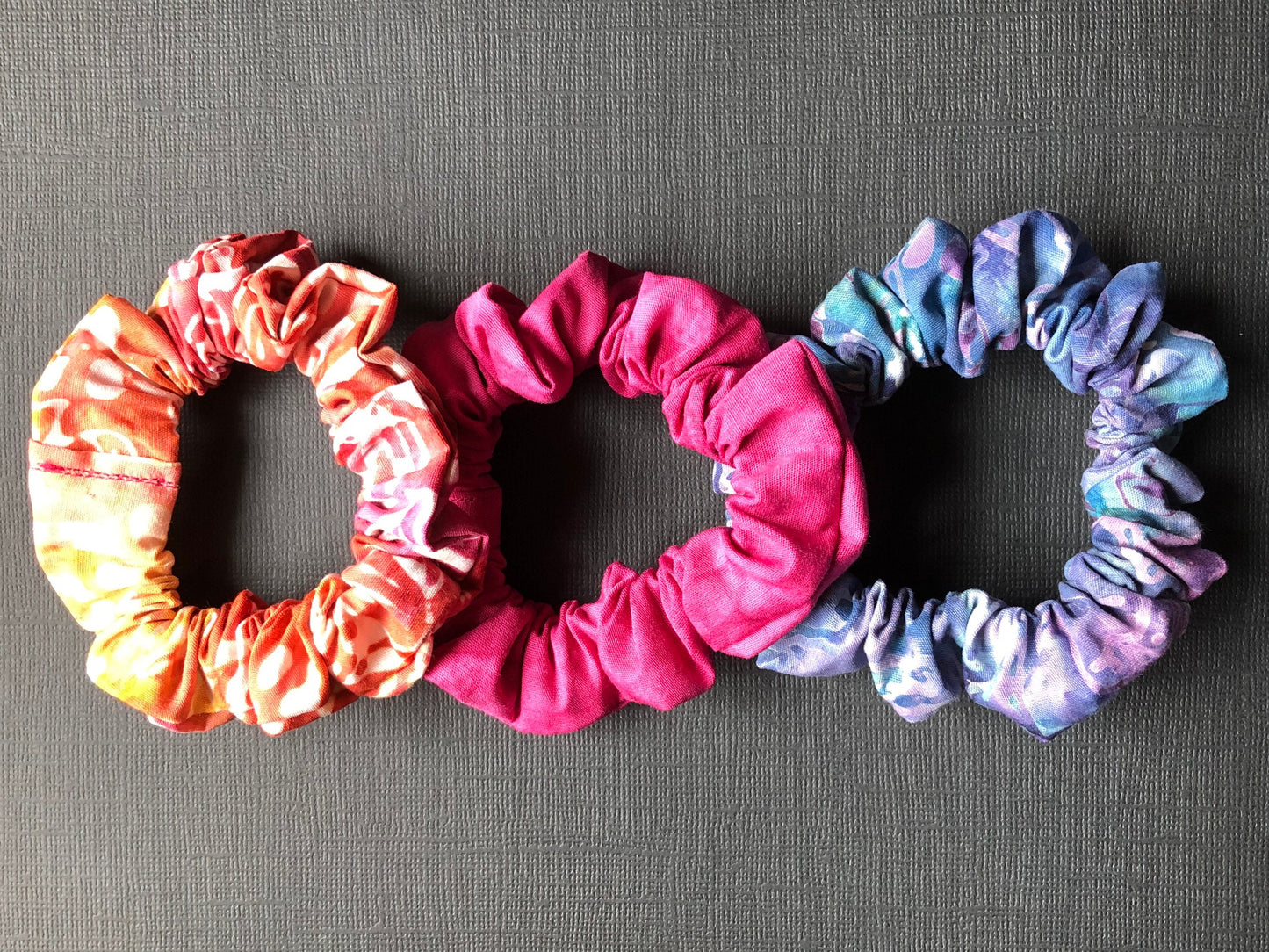 3pc Batik Patterned Handmade Hair Scrunchies Violet Orange Berry Gold