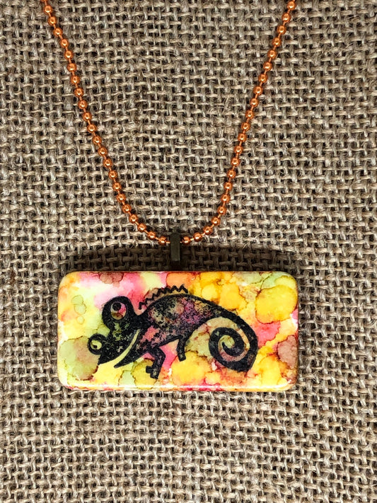 Batik Wild Chameleon Lizard Upcycled Domino Pendant Necklace