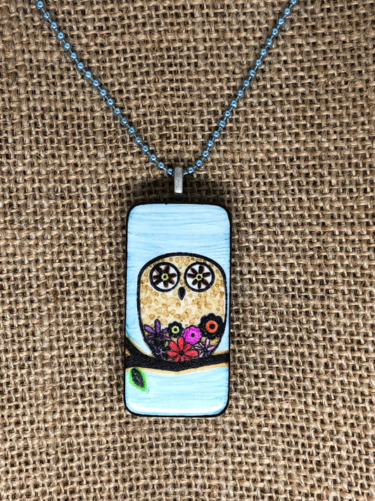 Decorated Retro Floral Owl Bird Upcycled Domino Pendant Necklace