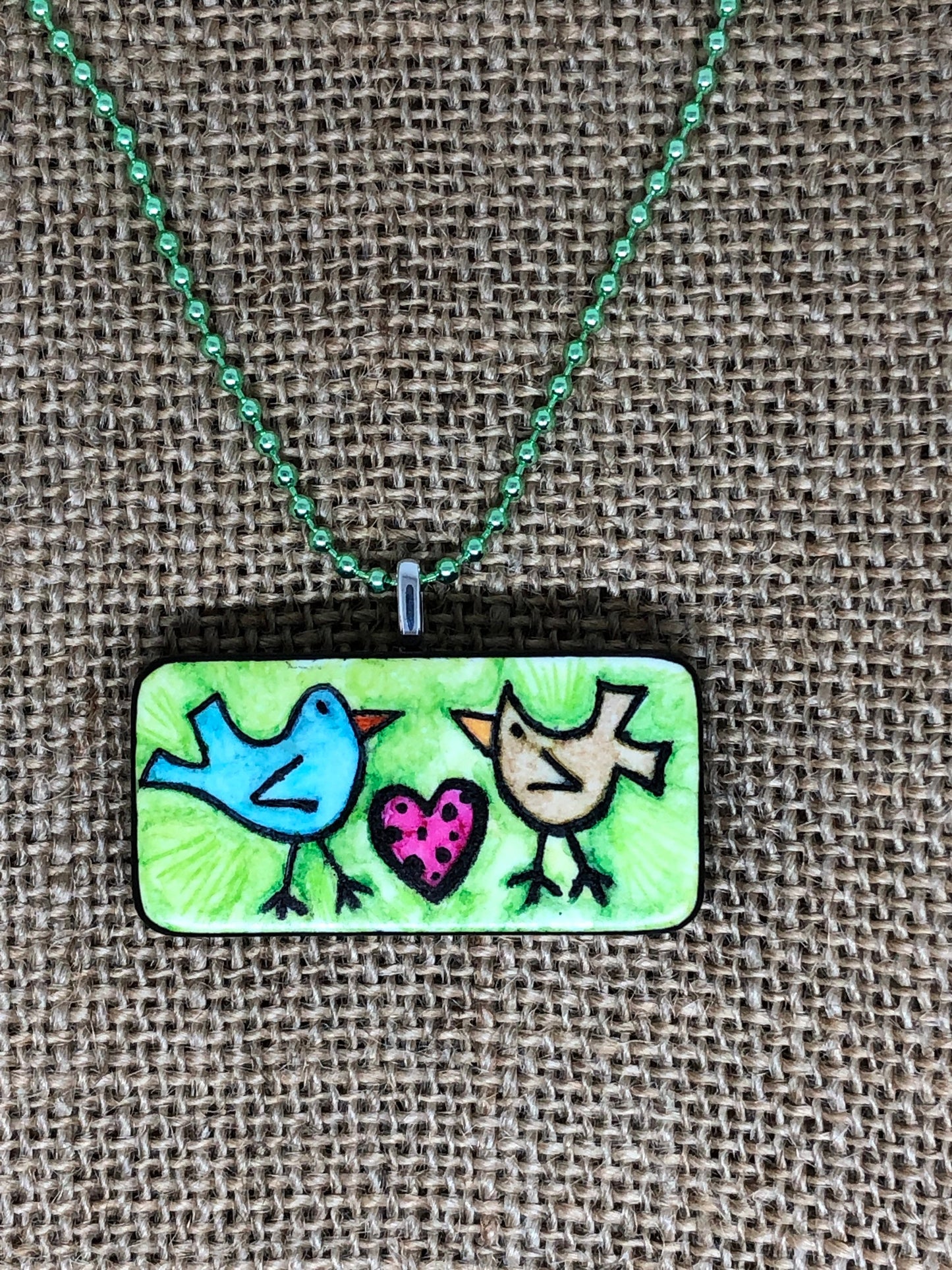 Love Birds 2 Birds In Love Upcycled Domino Pendant Necklace