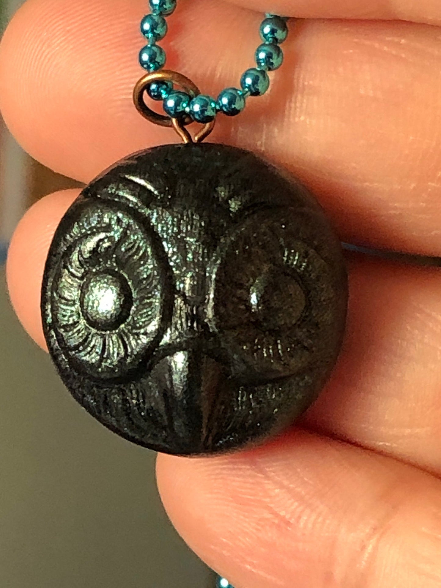 Black and Teal Sparkle Majestic Owl Head Polymer Clay Pendant Necklace