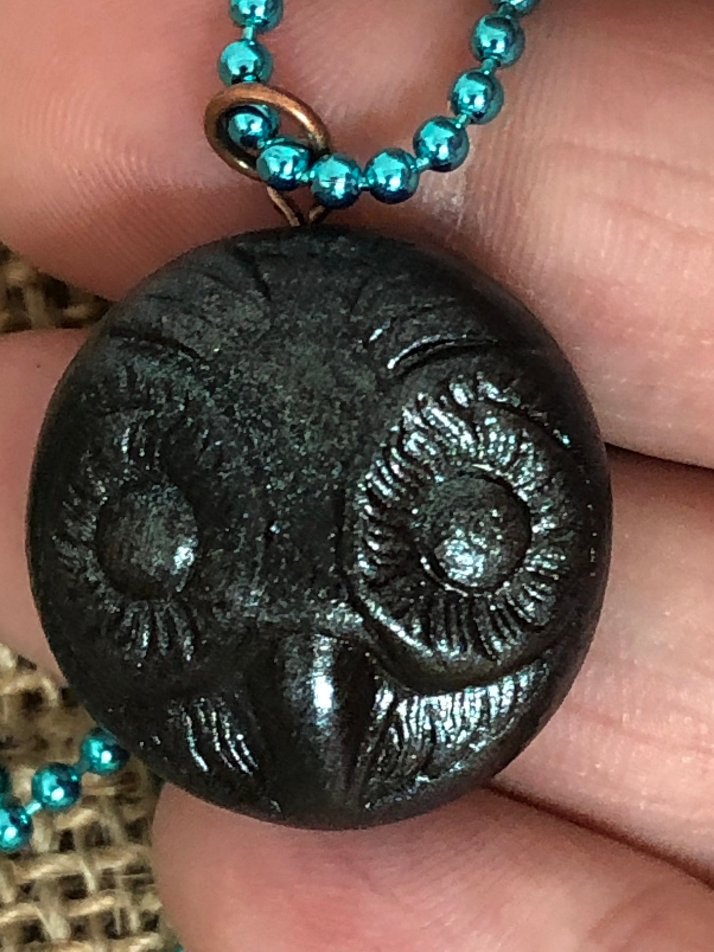 Black and Teal Sparkle Majestic Owl Head Polymer Clay Pendant Necklace