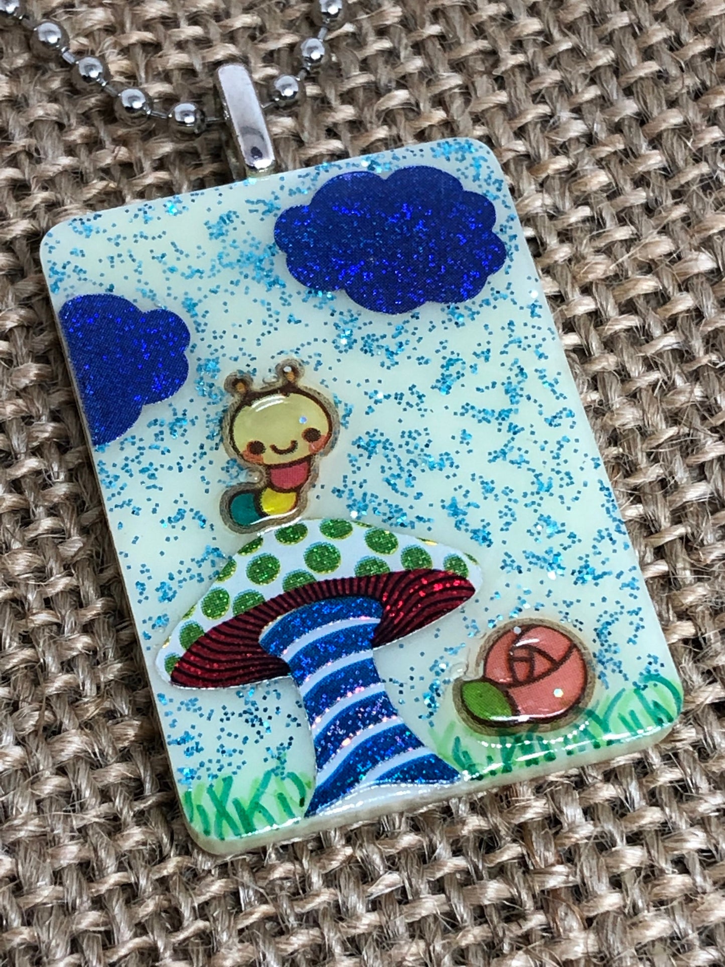 Storybook Caterpillar and Mushroom Upcycled Game Tile Pendant Necklace