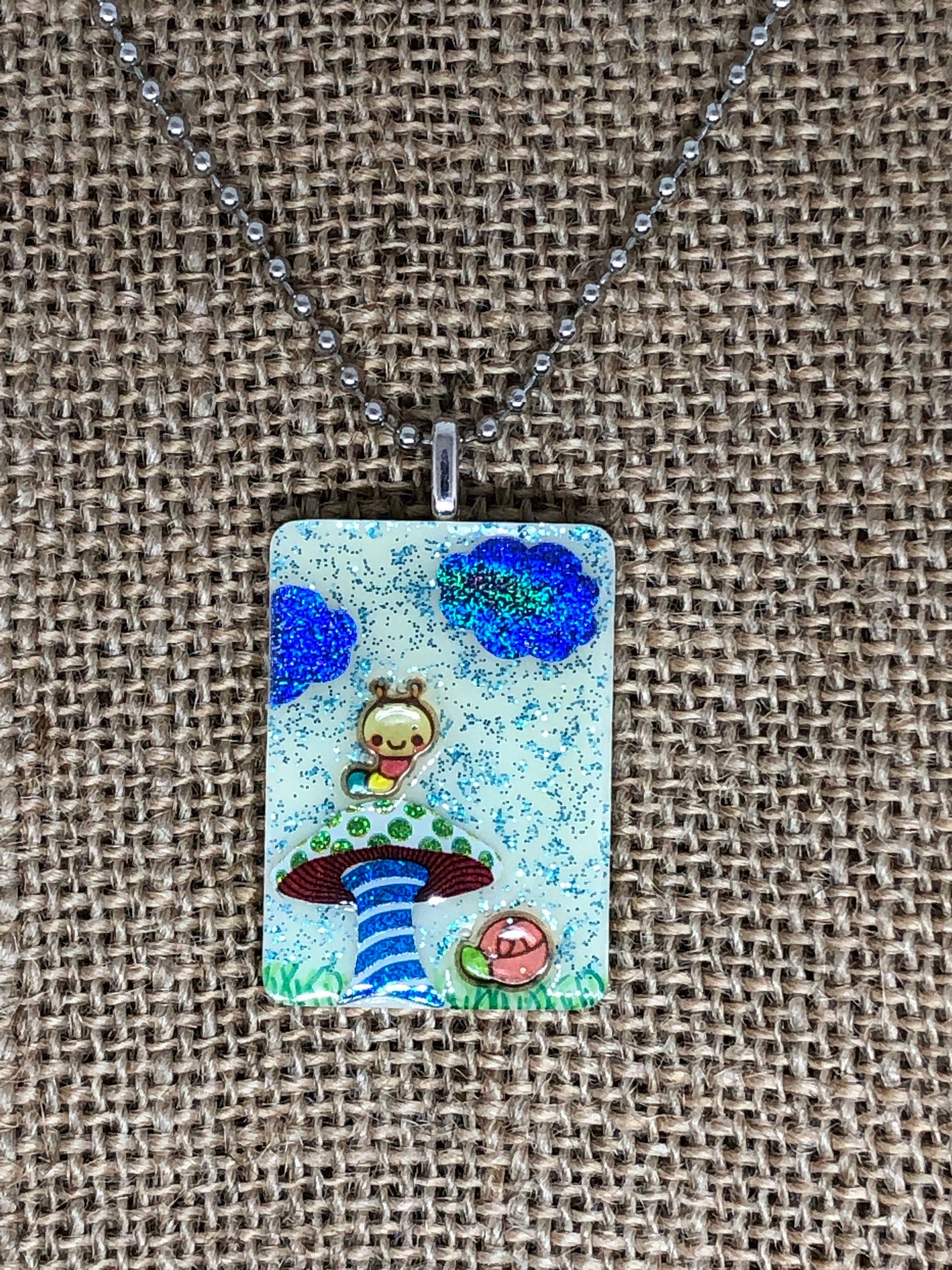 Storybook Caterpillar and Mushroom Upcycled Game Tile Pendant Necklace