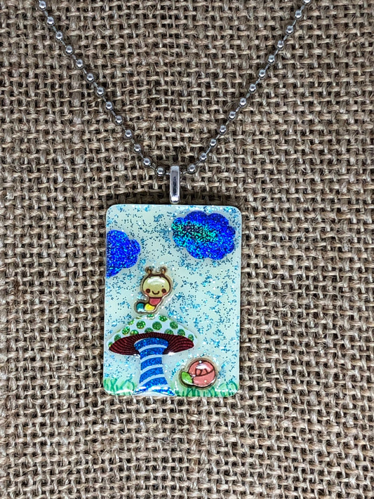 Storybook Caterpillar and Mushroom Upcycled Game Tile Pendant Necklace