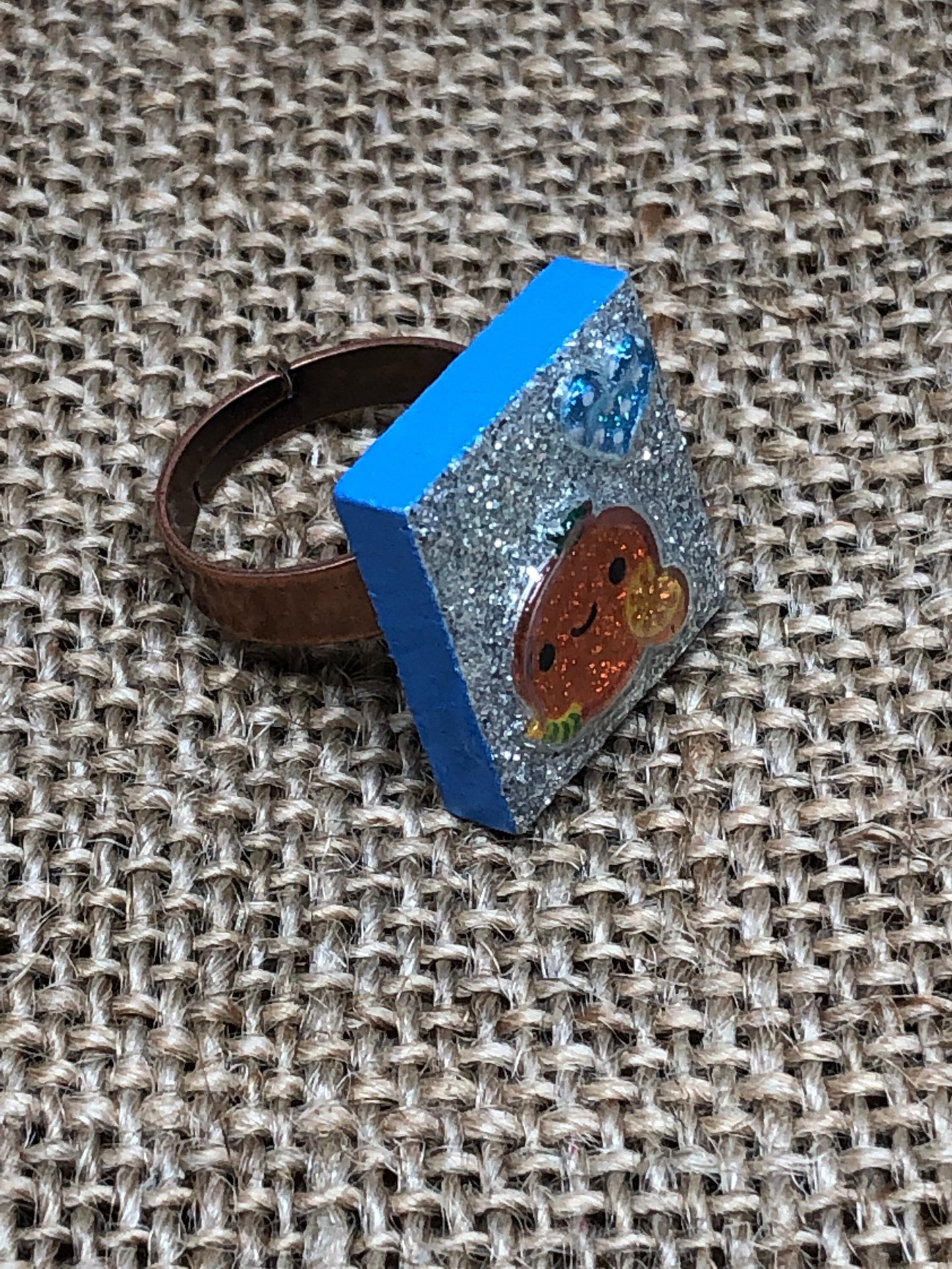 Happy Orange Fruit Glittery Statement Ring Made From Upcycled Game Tile