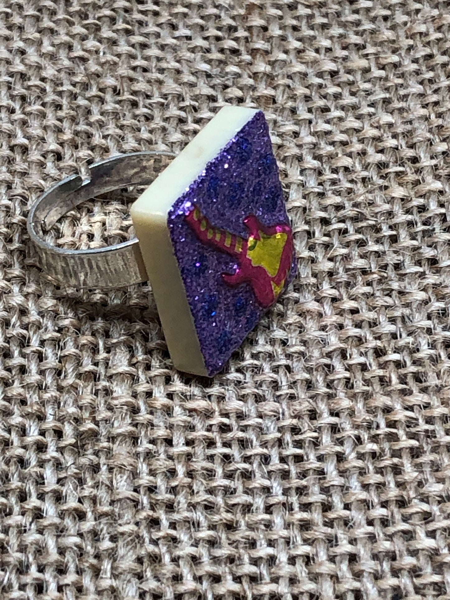 Glittery Guitar Rock And Roll Upcycled Game Tile Adjustable Ring