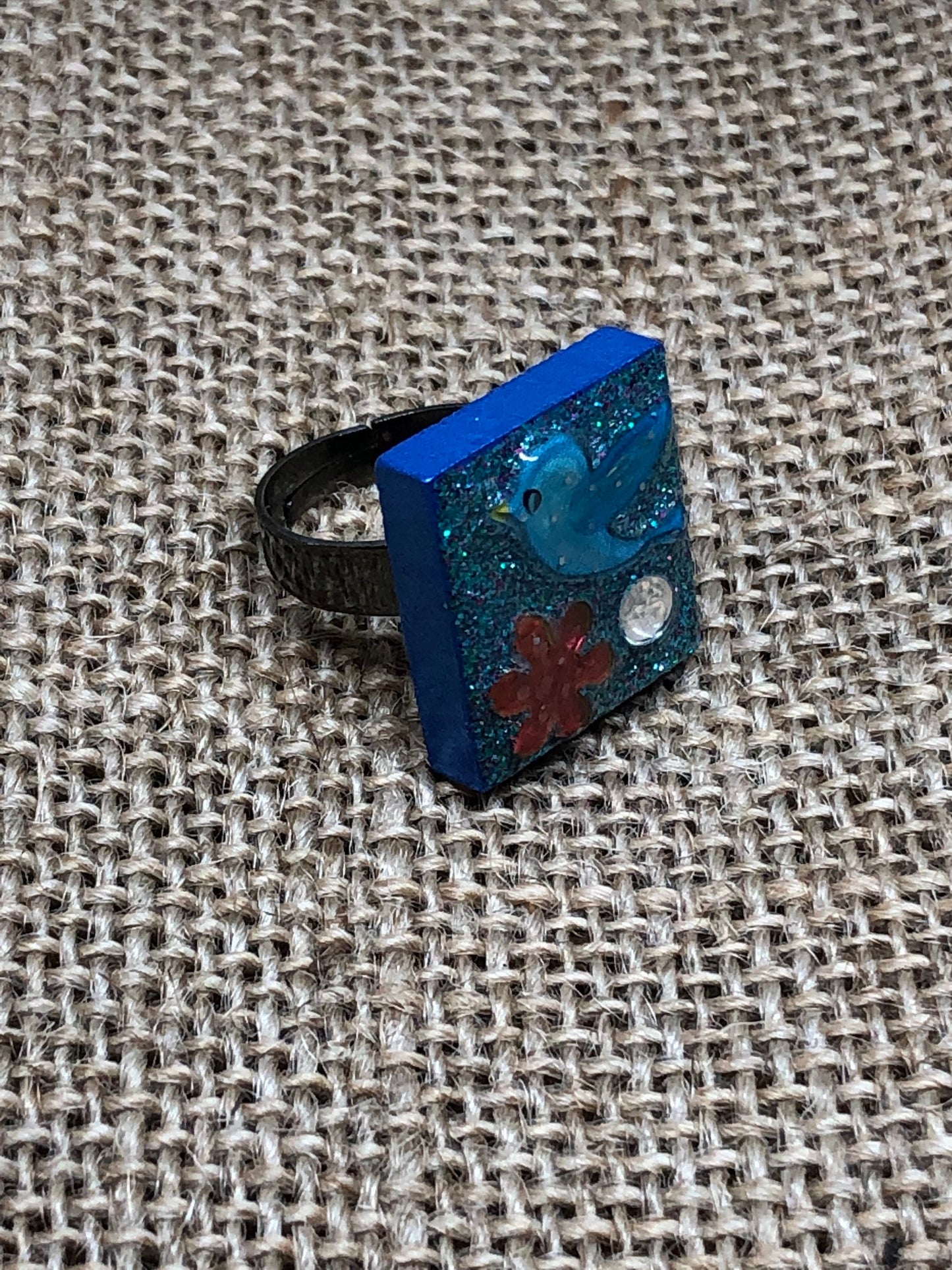 Glitter Bird and Flower Upcycled Game Tile Statement Ring