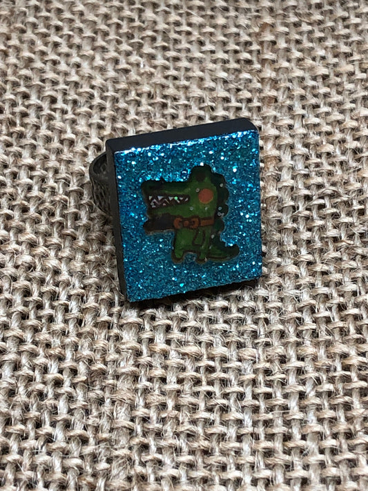Glittery Alligator Upcycled Game Piece Adjustable Tile Ring