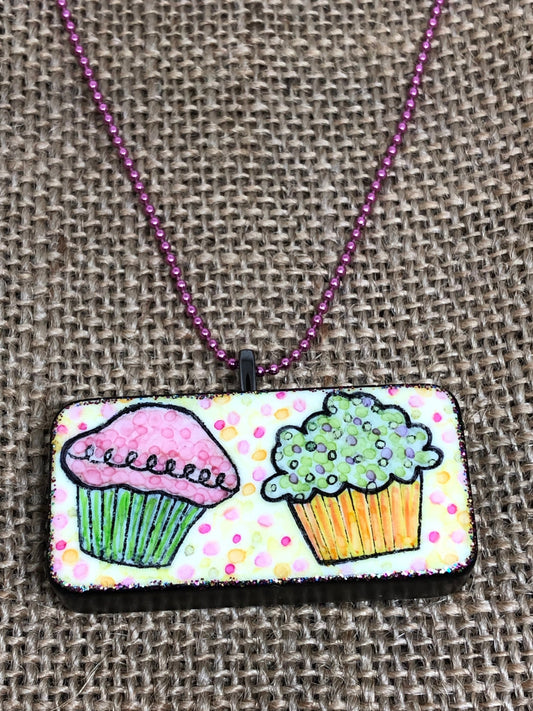 Pastel Cupcakes Upcycled Domino Pendant Necklace