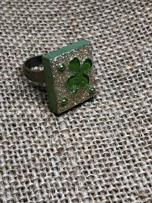 4 Leaf Lucky Clover Glitter Statement Ring Upcycled Game Tile Jewelry