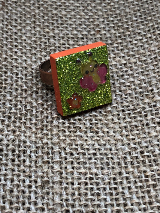 Girly Kawaii Cute Butterfly and Flower Upcycled Game Tile Ring