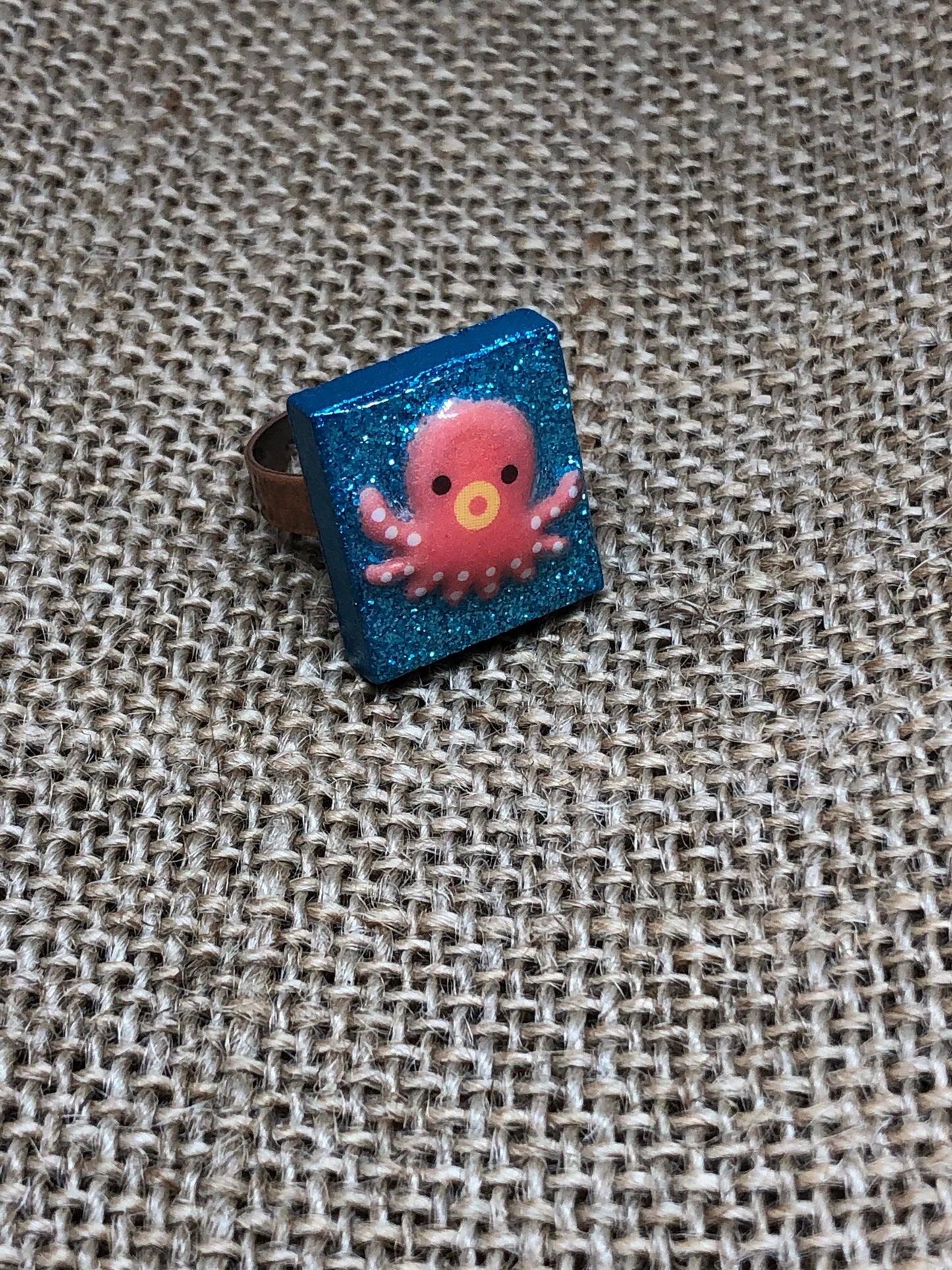 Sweet Swimming Octopus Statement Ring Made From Recycled Game Tile