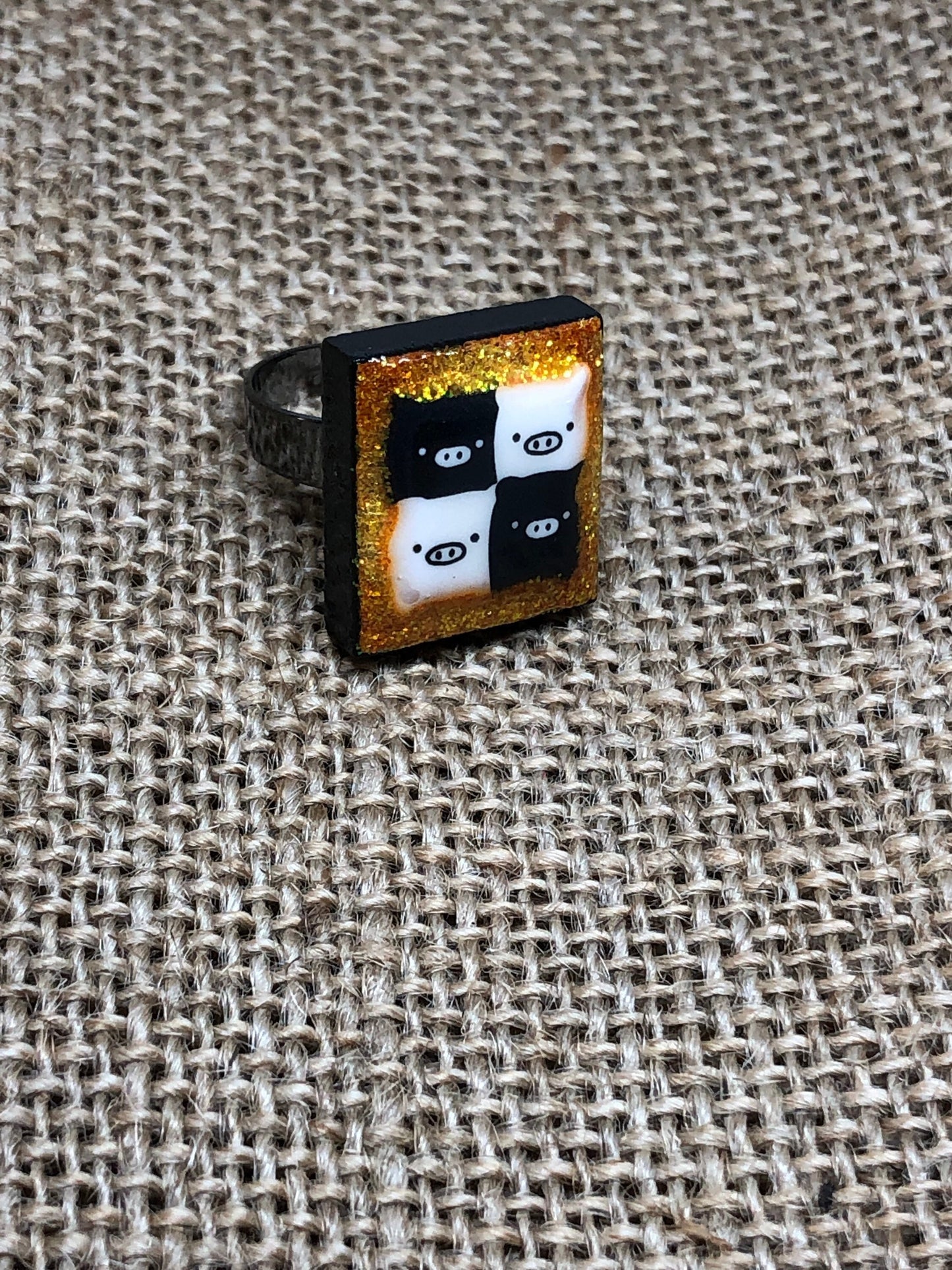 4 Little Stacked Pigs Glittery Statement Ring Made From Game Tiles