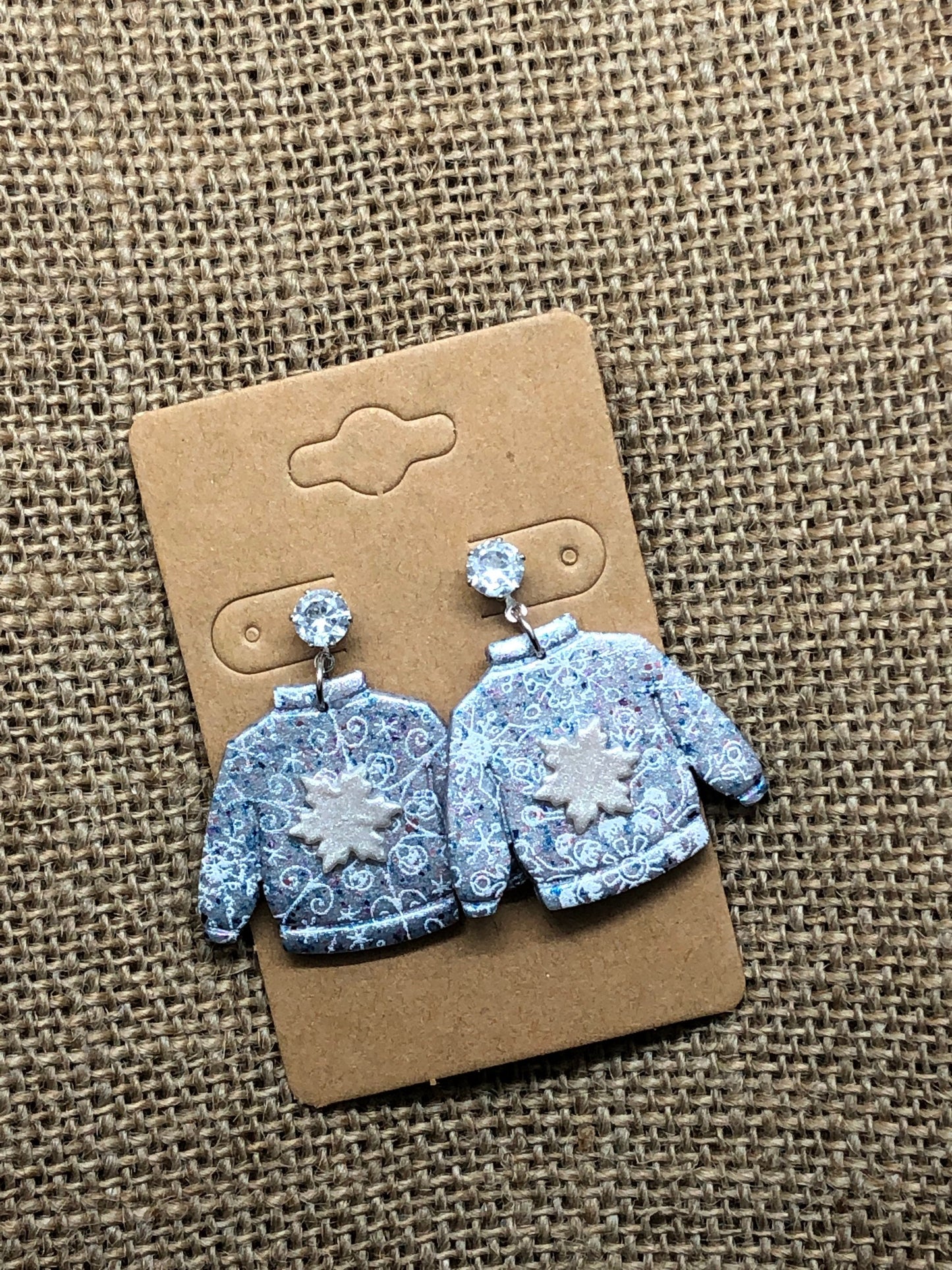 Snowflake and Glitter Ugly Winter Sweater Crystal Dangle Earrings