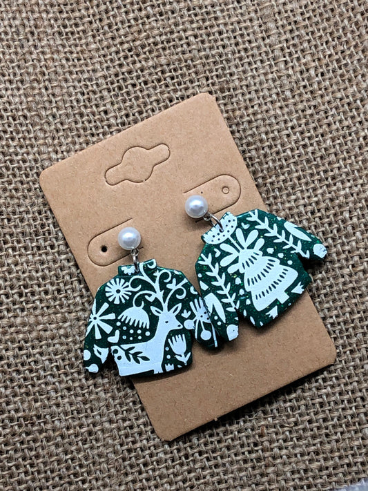 Green With Gold Shimmer Scandinavian Patterned Ugly Fancy Sweater Pearl Dangle Earrings