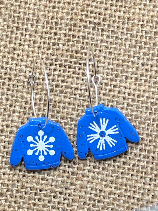 Blue Snowflake Ugly Sweater Dangle Hoop Earrings YOU CHOOSE