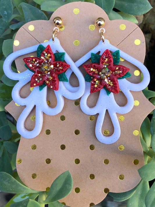 Festive Lacey Christmas Poinsettia Flower Dangle Earrings