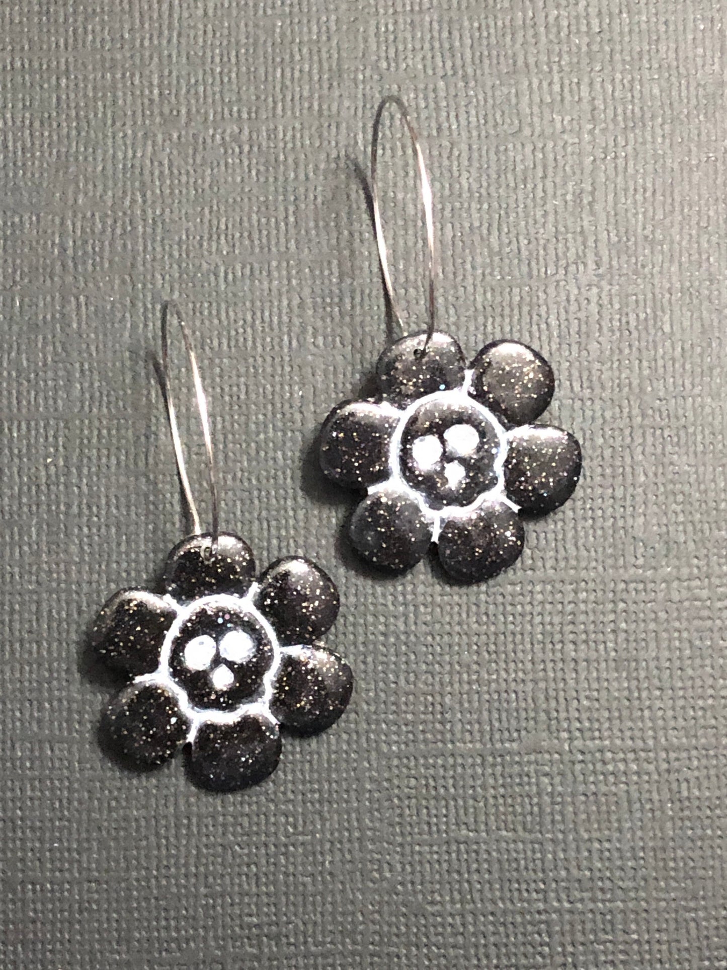 Black and Glitter Skull Flower Statement Dangle Hoop Earrings