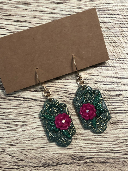 Fuchsia Pink and Crystal Flower Vine Statement Dangle Earrings
