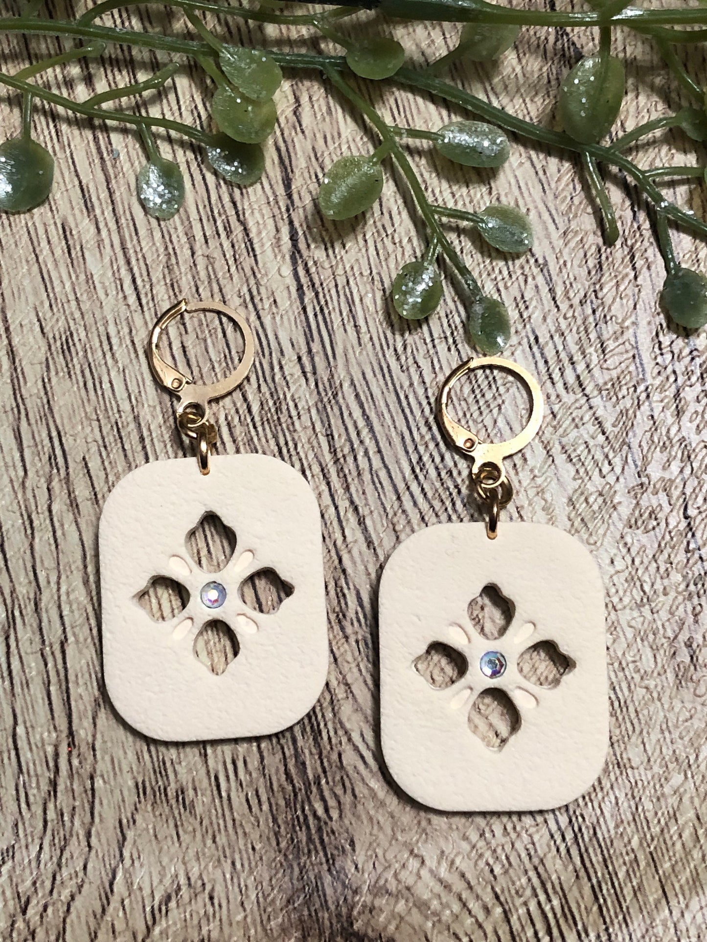 Ivory Creme and AB Crystal Boho Floral Window Statement Dangle Earrings